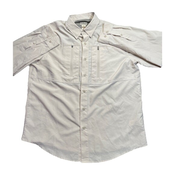 LL Bean Shirt Mens Large Khaki No Fly Zone Vented Roll Tab Sleeve Gorpcore Lg - Picture 1 of 16